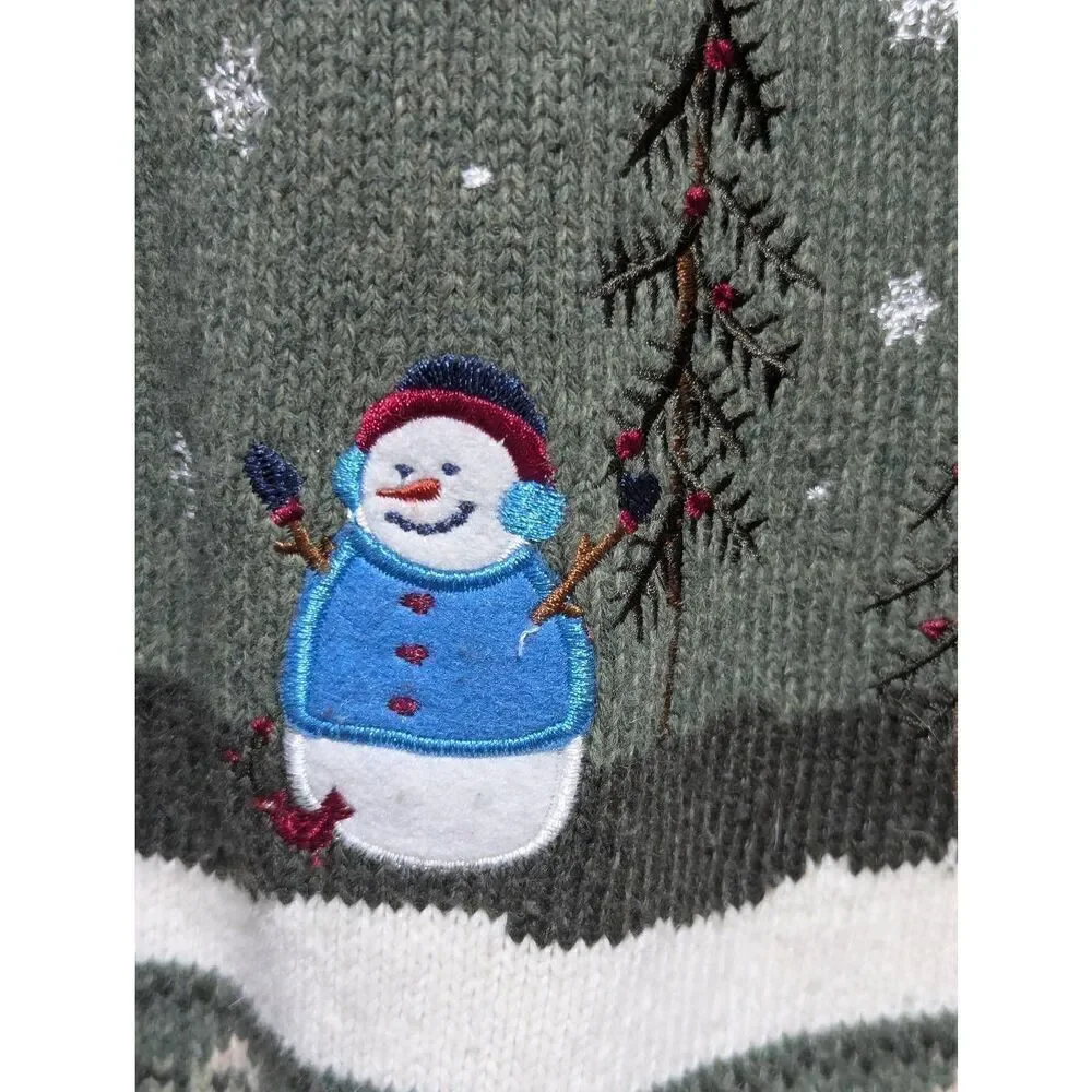 Croft & Barrow Women's Green Snowman Long-Sleeve Front-Zip Cardigan Sweater Size